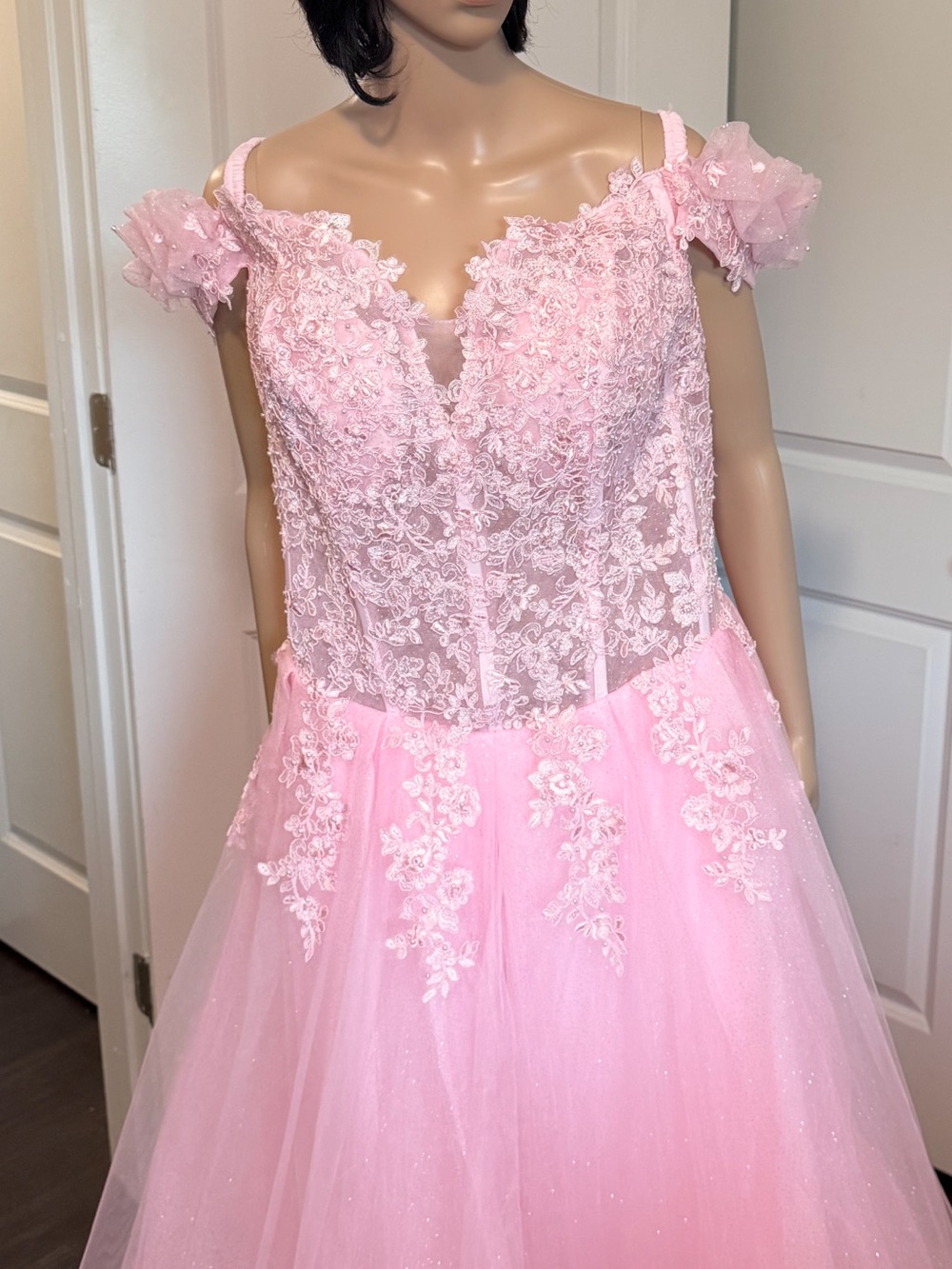 Elegant Pink Lace Off-Shoulder Wedding Dress size 20/22